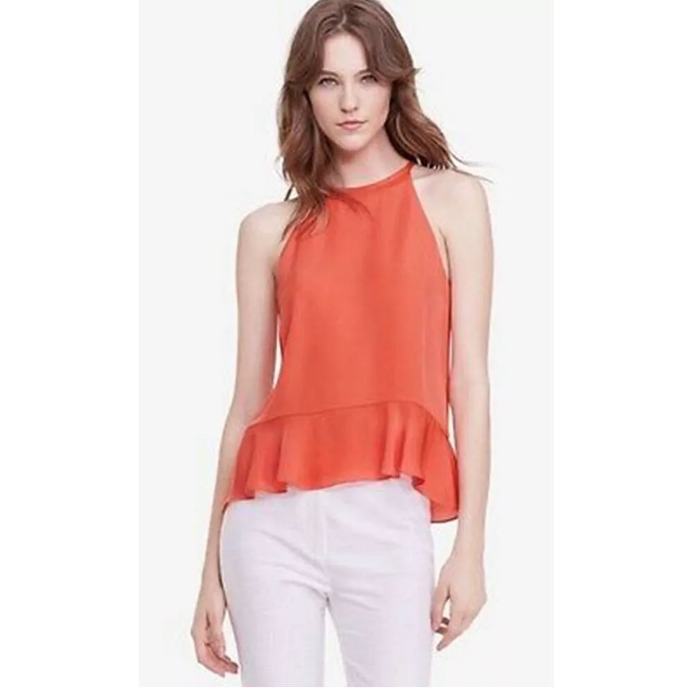 DVF | Elegant Coral Halter Top with Ruffle Hem | Summer Chic Sleeveless Blouse